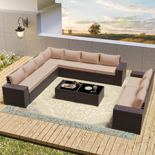 RTDTD 12 PCS Outdoor Patio Furniture Set,Outdoor Sectional Furniture All Weather PE Rattan Wicker Patio Conversation Set with 2 Coffee Tables and 10 Thickened Cushions,Sand