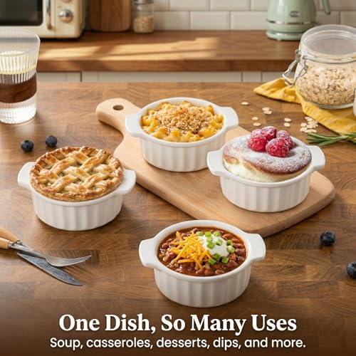 12 oz Ramekins Oven Safe, French Onion Soup Bowls with Handles, Ceramic Small Baking Dishes for Crème Brûlée, Soufflé, Pot Pie & Mini Casserole, Set of 4