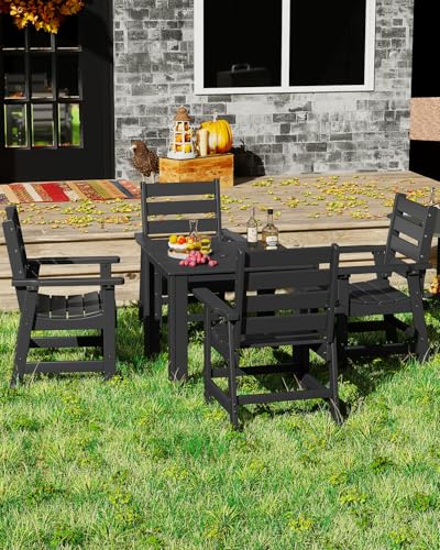 GREENVINES 5-piece Patio Dining Set, HDPE Square Table & 4 Chairs, Black