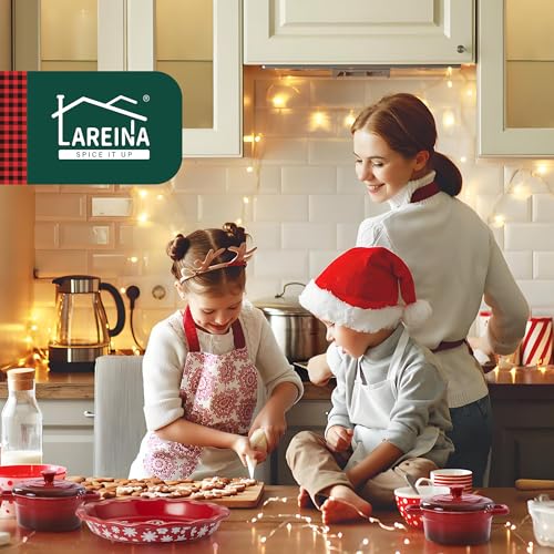 Lareina Mini Cocotte - 12oz Ceramic Casserole Dishes - Kitchen Casserole Sets With Handles And Lid - Small Baking Ramekins - Oven, Microwave & Dishwasher Safe - Set of 4 - Red