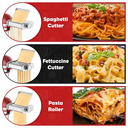 3-in-1 Pasta Attachment for KitchenAid Stand Mixer, Stainless Steel Pasta Maker for KitchenAid Mixer Attachments, Pasta Maker Includes Pasta Roller, Spaghetti & Fettuccine Cutter by Cofun