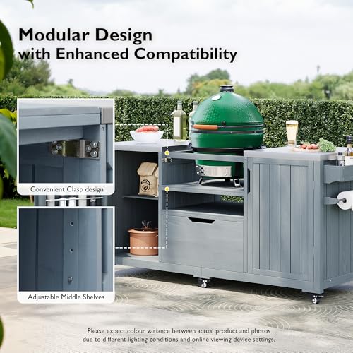 Amposei Outdoor Grill Cart Table for Large Big Green Egg Accessories 66.5’’ Solid Wood Kitchen Storage Island Prep Station with Stainless Steel Top for BBQ, Grey Blue