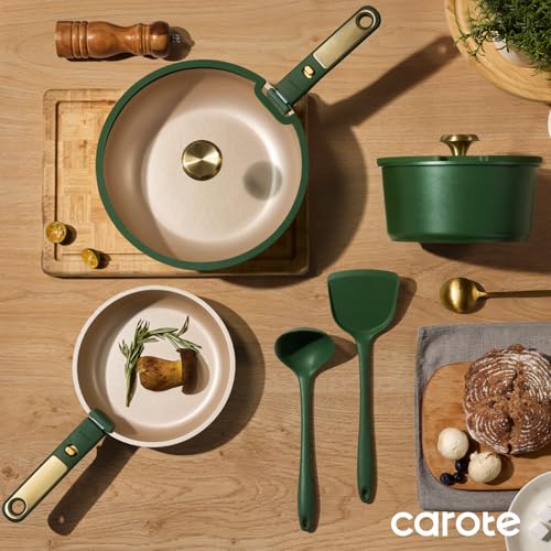 CAROTE Green&Gold Nonstick Cookware Set,15Pcs Pots and Pans Set Non Stick Detachable/Removable Handle,Kitchen Cooking Set Dishwasher Safe, RV Kitchen Pot and Pan, Induction Cookware