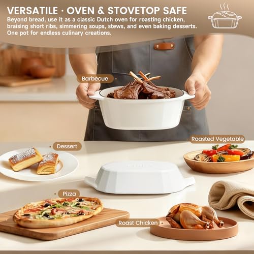 Enameled Cast Iron Sourdough Bread Oven – Dutch Oven for Sourdough, Oval Cast Iron Bread Pan with Lid,Loaf Cast Iron Dutch Oven for Baking (3.3QT-White)