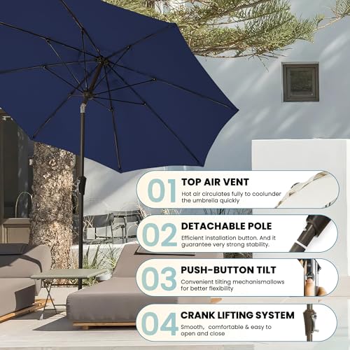 GREFORG 9FT Large Outdoor Patio Umbrella Pool Market Umbrella-UV Resistant, Easy Push Button Tilt and Crank, 8 Sturdy Ribs Heavy-Duty Table Umbrella for Deck, Backyard,Garden (Navy)