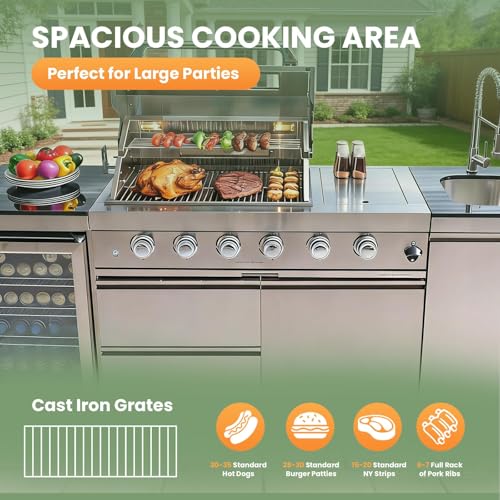 Outdoor Natural Gas Grill Island with Refrigerator, 4 Burner 72,000 BTU BBQ Grill with Side Burner, Infrared Rotisserie, Granite Countertop, Stainless Steel Outdoor Kitchen (Silver+98in)