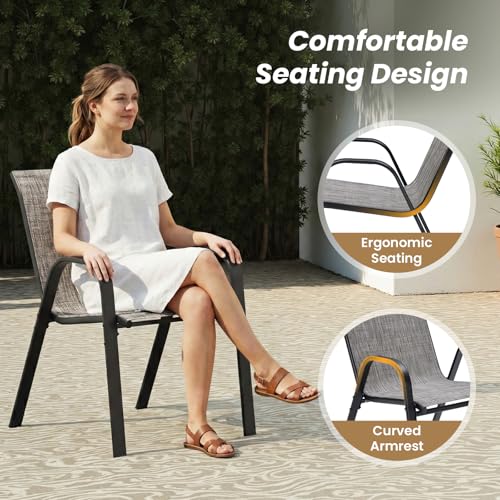 Soohow Outdoor Dining Set for 6, 7-piece Outdoor Patio Dining Set 6 x Stackable Patio Chairs & 1 x Round Table with Umbrella Hole, All-Weather Outside Table and Chairs for Backyard, Balcony, Porch