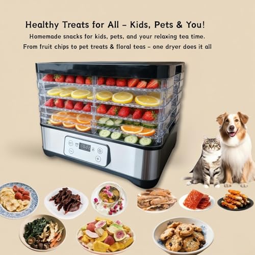 Food Dehydrator Machine-Dehydrators for Jerky Beef Fruit, 300W 158 ℉ Temperature Control & 24H Timer Food Dryer with 5 BPA-Free Trays Fruit Dryer for Herb, Fruit, Dog Treats (Black)