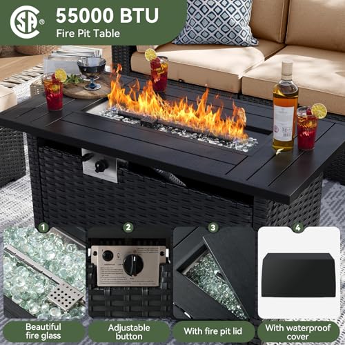 Aoxun 8 Piece Patio Furniture Set with 44” Fire Pit Table Wicker Patio Sectional Sofa Set Outdoor Seating Furniture with Thickened Cushion, Beige