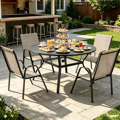 HOMREST 5 Piece Outdoor Patio Dining Table Set of 4,48" Round Metal Table with 4 Stackable Patio Chairs,All-Weather Patio Furniture Set with Umbrella Hole & Storage Shelf for Outside, Brown