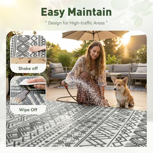 MontVoo Outdoor Rug Carpet Waterproof 5x8 Outdoor Patio Rug Mat Reverisble Plastic Straw Outdoor Rug for RV Camping Picnic Beach Balcony Boho Grey