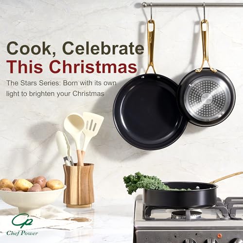 Chef Power Ceramic Frying Pan with Stainless Steel handle 5Pcs Set, Non-toxic Non Stick Grill Pan Set, Induction, Dishwasher and Oven Safe, Stone Black & Light Gold Handle, 8'', 9'', 11'' Skillet