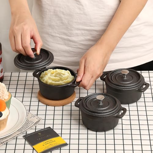 OGANAZI 3 Pcs Mini Cast Iron Dutch Oven Set – 8 oz Garlic Roaster Cocotte Pots with Lids, Handles and Cork Pan Mats Small Cast Iron Pots for Baking, Roasting, BBQ Grill, Stovetop and Oven Use
