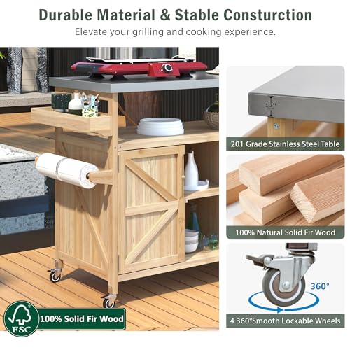 FUvellamo 50.25'' Rolling Outdoor Kitchen Island with Stainless Steel Top and Storage Cabinet, Farmhouse Outdoor Grill Table with Towel Rack for Kitchen BBQ, Natural