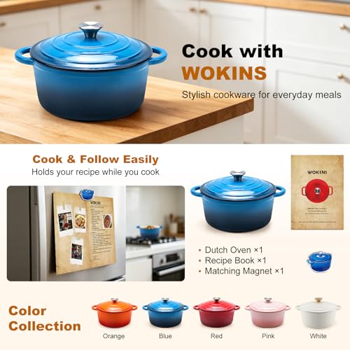WOKINS Enameled Cast Iron Dutch Oven - 4QT Pot with Lid,Oven Safe to 500°F,Heavy-Duty Cookware for Sourdough Bread Baking,Braising,Stews,Roasting Blue