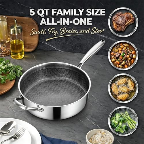 Inqibee 5 QT Hybrid Nonstick Saute Pan with Lid, Long Handle Tri-Ply Stainless Steel Skillet, 12 Inch Deep Frying Pan, PFOA & PFOS Free, Induction Compatible, All Cooktops, Oven & Dishwasher Safe