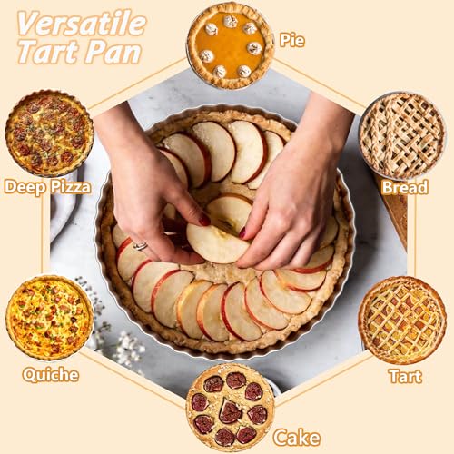 TeamFar Tart Pan, 9.5 Inch Stainless Steel Round Tart Pie Pan, Metal Quiche Baking Dish with Fluted Side for Baking Fruit Tarts, Quiches, Pies, Mousse Cakes, Heavy Duty & Dishwasher Safe