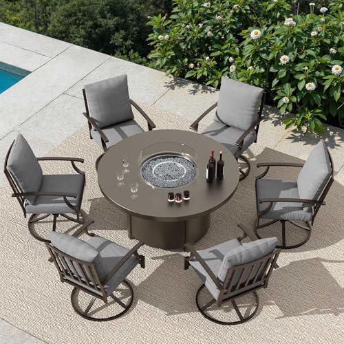 Trumbeak 7 Piece Metal Outdoor Patio Furniture Set with 48"/55000 BTU Round Fire Pit Table,Outdoor Dining Table Set 6 Swivel Chairs No-Slip Cushions and Waterproof Covers,Grey