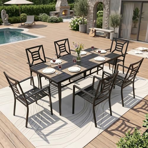 SAILARY 7 Pieces Patio Dining Set for 6, Large 77" Outdoor Metal Table with Universa Umbrella Hole & Stackable Iron Chairs, Patio Furniture Set for Deck, Backyard, Yard, Porch