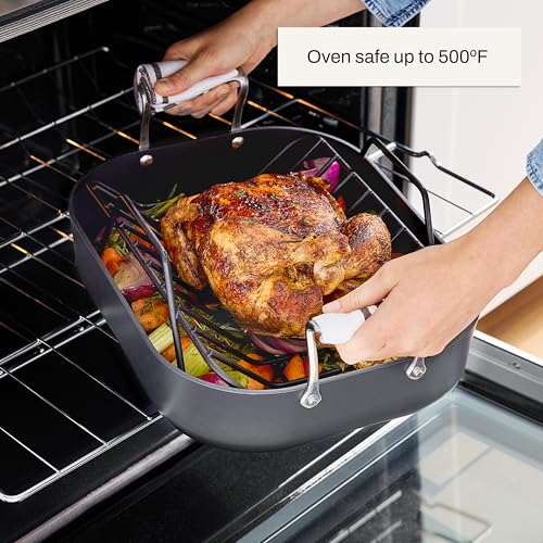All-Clad Essentials Hard Anodized Nonstick Roaster with Rack 11x14 Inch Oven Broiler Safe 500F Roaster Pan, Pots and Pans, Cookware Black