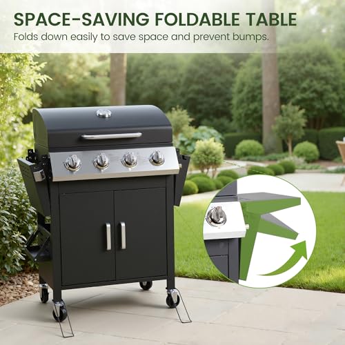 HUGROVE 4-Burner Propane Gas BBQ Grill, Upgraded 40,000 BTU Stainless Steel Barbecue Grill with Foldable Side Tables, Spice Rack & Wheels for Outdoor Cooking