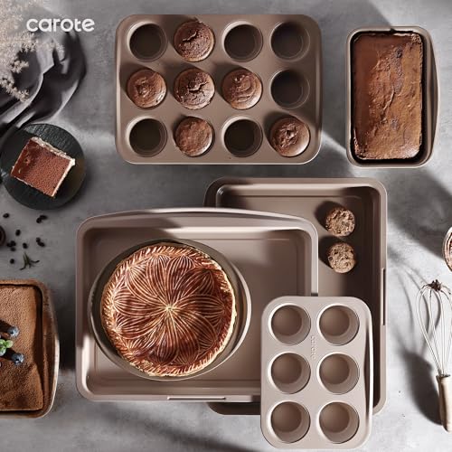 CAROTE 7-Piece Nonstick Stackable Baking Pans Set - Bakeware Sets Including Cookie Sheets for Baking, Muffin Pan, Bread Pan, Cake pan, Loaf Pan, Roasting Pan, Gray & Khaki