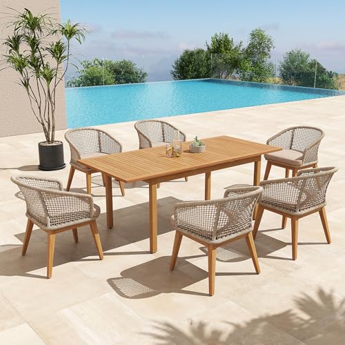 OC Orange-Casual 7-Piece Patio Acacia Wood Dining Set, Extendable Table & Checkerboard Woven Chairs, Outdoor Furniture Set for Garden, Backyard, Deck (Beige)