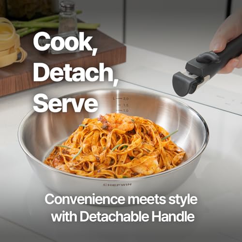 Chefwin 316 Stainless Steel Removable Handle Cookware, 5-Ply Stackable Cookware Set, 6-Piece Pans with Universal Lid, Induction Compatible, Oven & Dishwasher Safe