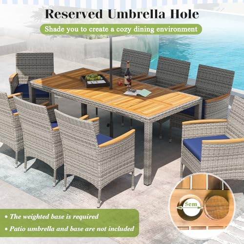 Tangkula 9 Pieces Rattan Outdoor Dining Set for 8, Outdoor Acacia Wood Table Set with 8 Cushioned Wicker Chairs, Umbrella Hole, Patio Dining Furniture Set for Deck Pool Backyard