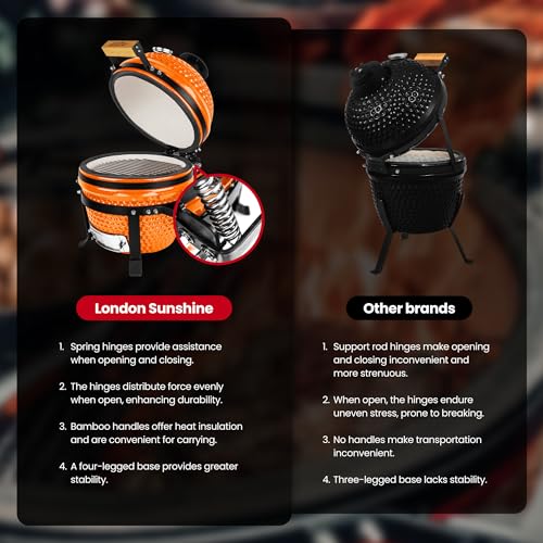 Upgraded 13 inch Ceramic Kamado Grill with Waterproof Air Vent Cap | Portable Tabletop Charcoal BBQ Grill Smoker for Outdoor Cooking, Patio, Camping | Orange
