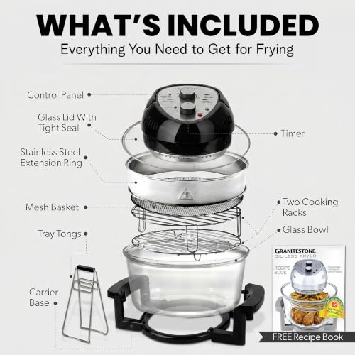 Granitestone 16 Qt Large Glass Air Fryer Non Toxic, Black