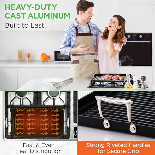 NutriChef 20"x13" Stove Top Grill Pan - Double Burner, Hard-Anodized Non stick Grill & Griddle Pan