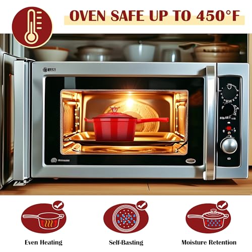 E-far Enameled Cast Iron Sauce Pan with Lid, 1 Quart Dutch Oven Saucepan, Mini Sauce Pot for Cooking, Boiling, Healthy & Non Toxic, Induction & Oven Safe, Red
