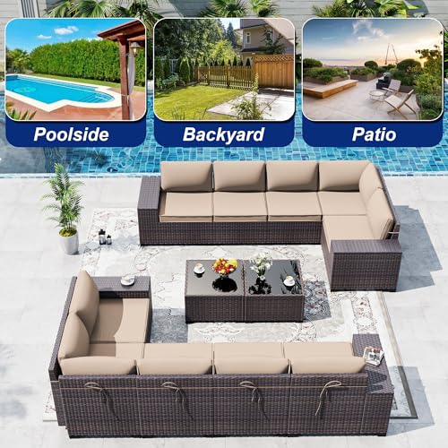 ASJMR Outdoor Patio Furniture Set, 12 Pieces Outdoor Sectional Furniture High Backrest Patio Sofa, All-Weather PE Rattan Patio Conversation Set with Coffee Table & Cushions(Brown).