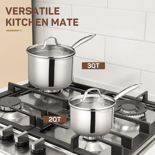Ciwete 3 Qt Stainless Steel Saucepan with Glass Strainer Lid, 3 Quart Pot Stainless Steel Sauce Pan with Pour Spout, Mirror Polishing, Compatible with All Cooktops Dishwasher Safe Oven Safe