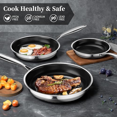 Innerwell Nonstick Frying Pan Set,8 Inch&9.5 Inch&11 Inch Tri-Ply Hybrid Stainless Steel Ceramic Frying Pans Kitchen Cooking Pan Skillet 3 Piece PFAS/PFOA/PTFE Free,Dishwasher & Oven Safe