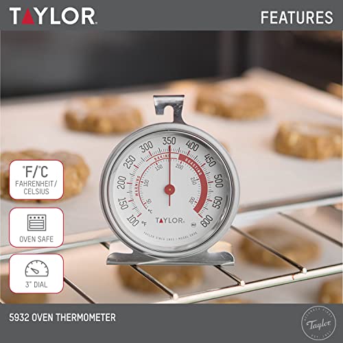 Taylor 5932 Large Dial Kitchen Cooking Oven Thermometer, Kitchen Food Grill Thermometer, 3.25 Inch Dial, Stainless Steel, Silver
