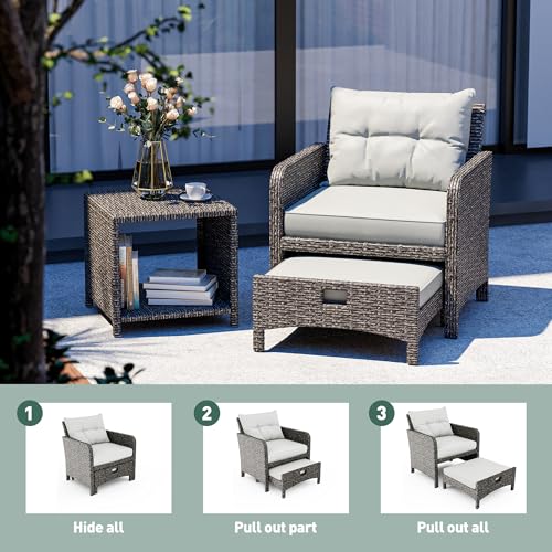 Pamapic Outdoor Furniture 5 Piece Patio Conversation Set, Wicker Rattan Patio Set with Soft Cushions & Coffee Table, Balcony Furniturefor with 2 Ottoman for Porch, Garden, Lawn (Grey)