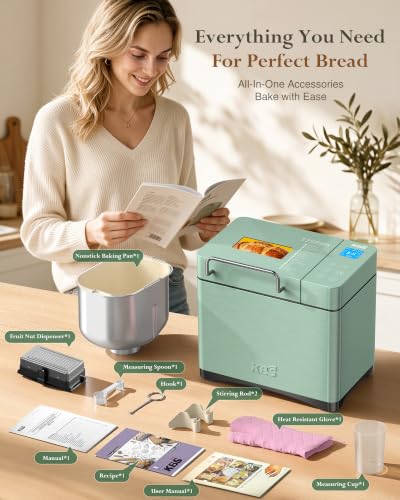 KBS 2.2LB Bread Maker, 710W Convection Bread Machine with Dual Heaters, Healthy Nonstick Ceramic Pan, Auto Nut Dispenser, 17-in-1 Bread Maker Machine for Gluten-Free, Touchscreen, 15H Delay Timer