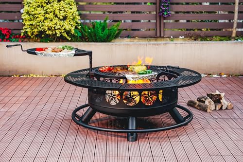 Verdeluxe 42 Inch BBQ Fire Pit with 2 Grills,3-in-1 Outdoor Round Metal Fire Pit Table with Lid,Fire Poker,Large Outdoor Wood Burning Firepits for Outside,Picnic,Bonfire Backyard Patio(Black)