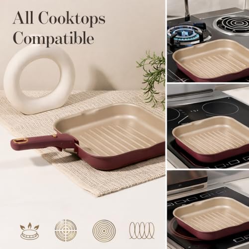 CAROTE 10 Inch Titanium Reinforced Nonstick Grill Pans for Steak, Non-Stick Grill Pans Sets with Detachable Handle, PFOS, PFOA Free, Gas & Induction Safe, All Stovetops Compatible, Burgundy