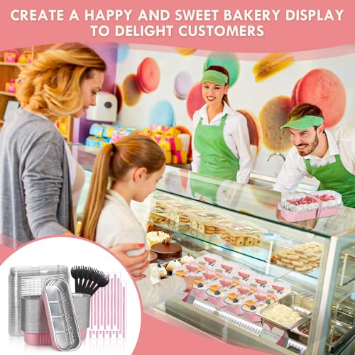 YQER 100 Pack Mini Loaf Pans with Lids and Spoons Sealing Sticker, 6.8oz Mini Cake Pans for Baking, Disposable Aluminum Foil Loaf Pans, Pink Loaf Baking Pans, Small Cake Containers With Lids