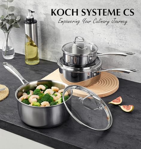 KOCH SYSTEME CS Triply Stainless Steel Saucepan, 3 Quart Stainless Steel Pot with lid, Large Cooking Pot, 3QT Sauce Pan with Stay Cool Handle, Induction Compatible Pot, Oven Safe 600°F