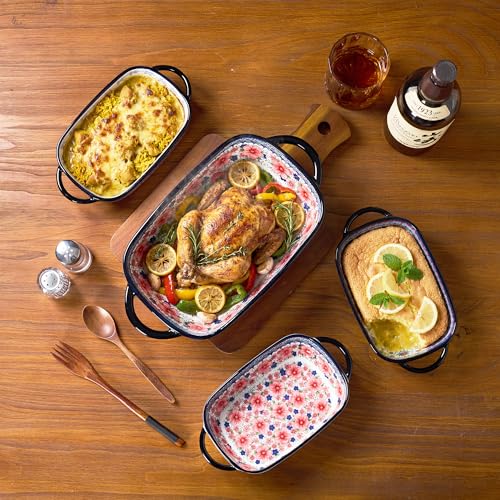 TAUFIKT Ceramic Casserole Dishes for Oven, Hand-painted Polish Pottery Baking Dish Set of 2, 0.8QT / 2QT Porcelain Casserole Dishes with Handles, Baking Pan Lasagna Pan, Gift for Family/Friend (Red)