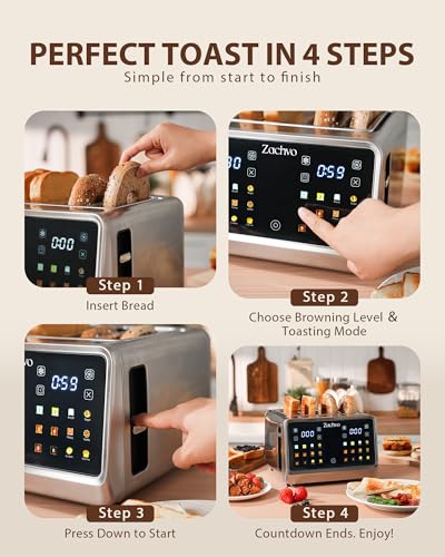 4 Slice Smart Toaster with Touchscreen, 1.5" Extra Wide Slots for Bagels & Thick Bread, Dual Independent Controls, 6 Bread Settings, Defrost, Reheat, Easy Clean, Stainless Steel, for Family Breakfast