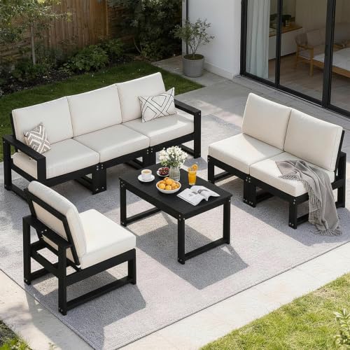 Polyhouz Outdoor Furniture with Cushions, Patio Furniture Set, 7-Piece L Shaped Outdoor Couch Sets 6 Seats, HDPE Patio Sectional Sofas for Porch, Deck, Backyard, Black