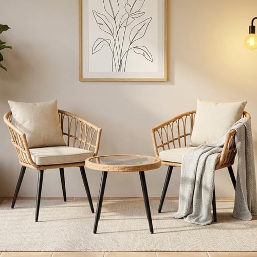 VineBreeze 3-Piece Patio Dining Set, Featuring a Round PE Rattan Table and 2 Chairs, Suitable for Bedrooms, Porches and Gardens All-Weather Furniture Set Includes Tempered Glass, Thick Cushions