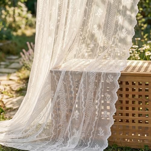 NICETOWN Outdoor Sheer Curtains for Patio Waterproof, White Lace Drapes for Porch Pergola, Gazebo Chic Decor with Lily of the Valley Striped Wave Edge, Rod Pocket Top, 2 Panels, W54 x L84 in