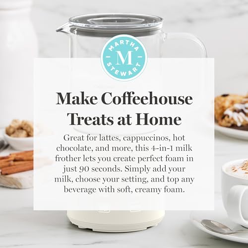 Martha Stewart Milk Frother and Steamer, 10oz/300ml Glass Cup, 4 Presets (Cold Foam, Light, Dense & Hot Chocolate), Ready in 90 Seconds, Cordless Pouring, One-Touch for Hot and Cold Milk, Linen Cream