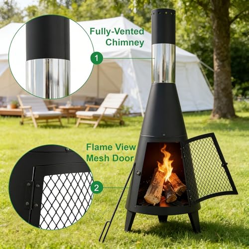 Steladomus Chiminea Outdoor Fireplace for Patio with Fire Mat and Poker, 3.6ft Small Chimneas Portable for Backyard, Deck, Camping and Beach chiminea fire Pit